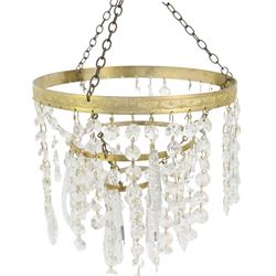 Three tier circlet electrolier hung with lustre drops and a glass and gilt metal hall lantern