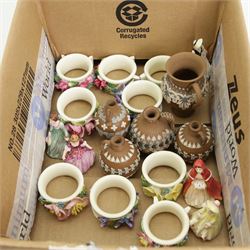  Set of eight Royal Doulton serviette rings with applied floral decoration, five Doulton Silicon miniature vases and five Royal Doulton miniature figures by J Peers