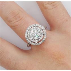 18ct white gold pave set round brilliant cut diamond halo cluster ring, with diamond set shoulders and gallery, hallmarked