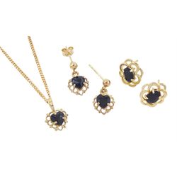 Gold heart shaped sapphire pendant necklace, matching pair of earrings and one other pair of gold sapphire stud earrings, all 9ct