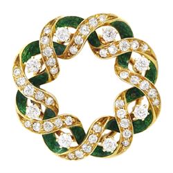 Early 20th century old cut diamond and green enamel circular ribbon brooch, total diamond weight approx 1.35 carat