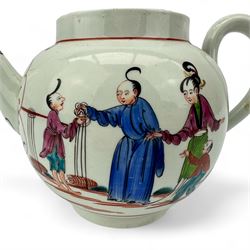 18th century Worcester porcelain teapot, of globular form hand painted in  polychrome enamels with the 'Boy at the Window' pattern, the reverse with a Chinese family greeting a tradesman, flower knop handle, H16cm 