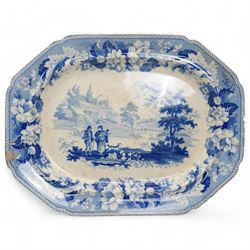 Early 19th century J & R Clews blue and white transfer printed meat plate, decorated in the Castle Pattern, L54cm, another decorated in 'The Villager' pattern, attributed to Turner, another meat plate and small oval stand (4)