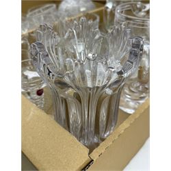 Large collection of cut glass and other glass including a heavy cut glass jug and glass set, cut with a pineapple design, liquor glasses, vases, jugs, bowls etc in three boxes