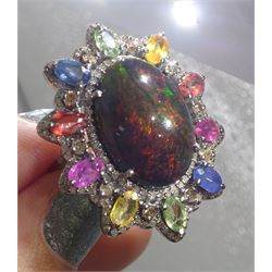 Large silver cabochon galaxy opal, multicoloured sapphire and diamond dress ring, opal approx 8.20 carat, total sapphire weight approx 2.85 carat, total diamond weight approx 1.00 carat