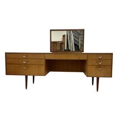 Meredew - mid-20th century teak dressing table, raised mirror back, fitted with seven drawers, on tapering supports