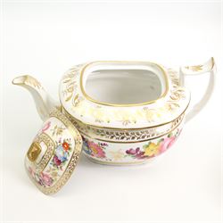 Early 19th century English porcelain tea service, hand painted with floral sprays within trailing gilt borders, comprising teapot and stand, slop bowl, sucrier, milk jug and eight saucers 