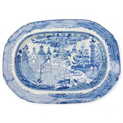 Early 19th century J & R Clews blue and white transfer printed meat plate, decorated in the Castle Pattern, L54cm, another decorated in 'The Villager' pattern, attributed to Turner, another meat plate and small oval stand (4)