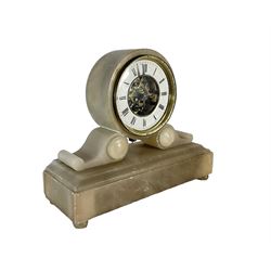 French - late 19th century 8-day mantle clock in an alabaster case,  with a drum movement raised on scroll supports and stepped plinth, open dial displaying the skeleton movement, escapement and motion work, enamel chapter with Roman numerals and spade hands enclosed within a glazed brass bezel, single train tick tac escapement with integral pendulum, wound and set from the front.