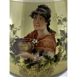 Very large late 19th century German glass roemer, typical form with enamelled prunts, the bowl enamelled depicting a lady holding a bowl of punch, within a border of fruiting vines, numbered '9384' to rim, H31.5cm