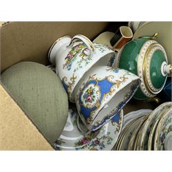 Minton Marlow part tea and coffee set, Foley Broadway pattern tea wares, Doulton jugs, Majolica plates etc in two boxes