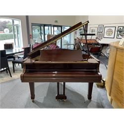 Yamaha - Baby Grand piano in mahogany polyester finish case,  G1 model, serial No 4741647, cast overstrung frame with 88 keys and seven octave compass, original stringing, tuning pins, hammers, dampers and felts, sostenuto, una corda and sustain pedals, with a solid music desk and tapered legs on brass castors.   