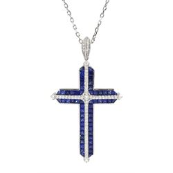 18ct white gold princess cut sapphire and round brilliant cut diamond cross pendant necklace, total sapphire weight approx 5.35 carat