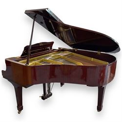 Yamaha - Baby Grand piano in mahogany polyester finish case,  G1 model, serial No 4741647, cast overstrung frame with 88 keys and seven octave compass, original stringing, tuning pins, hammers, dampers and felts, sostenuto, una corda and sustain pedals, with a solid music desk and tapered legs on brass castors.   