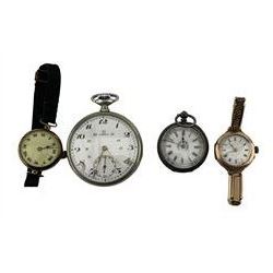 Edwardian 9ct gold manual wind wristwatch, London import mark 1908, on gold expanding strap, stamped 9ct, gold-plated wristwatch, both cased, silver ladies fob watch and an Omega nickle lever pocket watch
