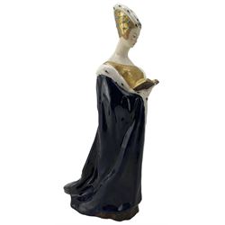 Early to mid 20th century porcelain figure modelled as a Medieval woman, dressed in a blue robe and reading a book, in the style of Dressel & Kister, stamped JV Paris beneath, H31cm 