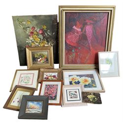 Collection of original still life watercolours and oils to include R Thomson, Jane Leycester Page and Niki Lakrba, with one painted by a Yugoslavian soldier dedicated to a family in occupied Germany and dated 16th August 1945, in one box (11)