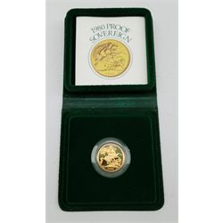 Queen Elizabeth II 1980 gold proof full Sovereign coin, cased with certificate