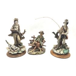 Three Capodimonte figures including a man fishing, A Huntsman and dog and tramp (3)