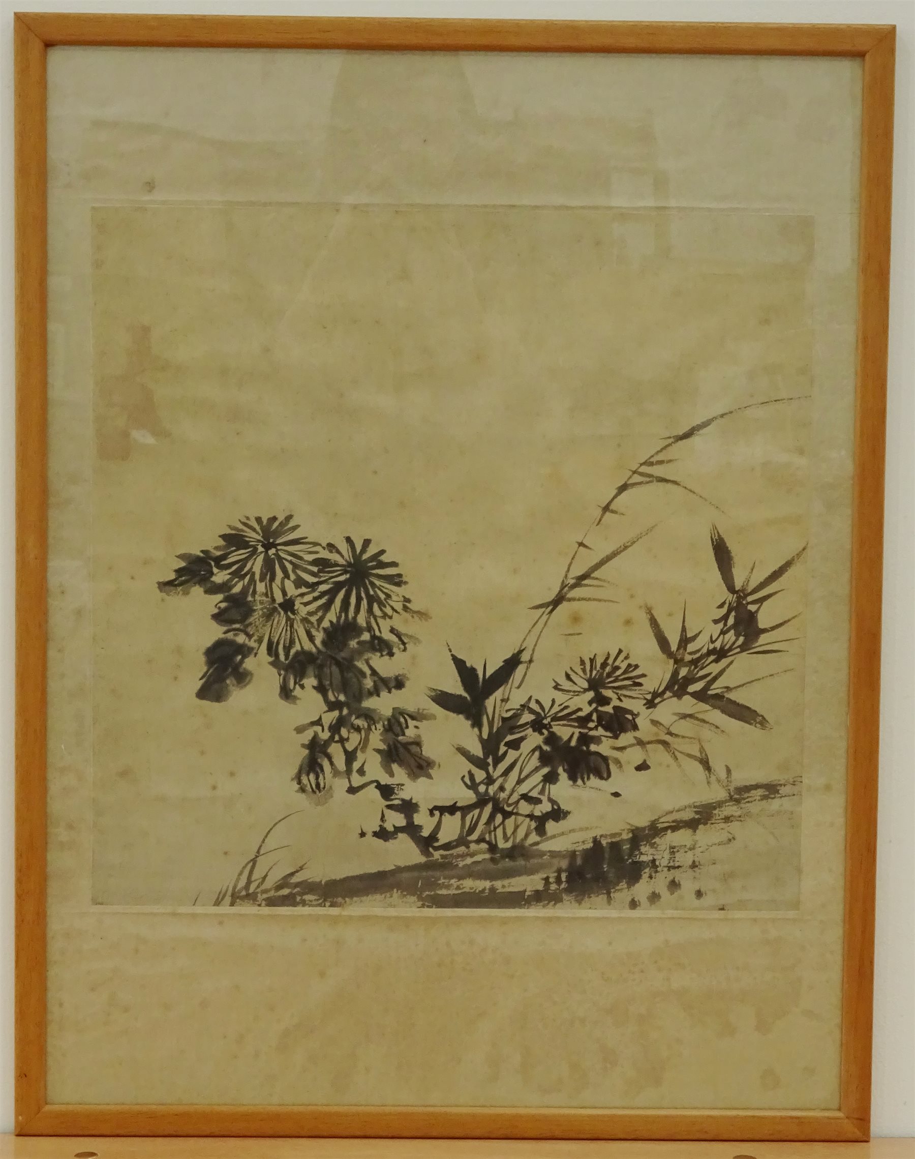 Chinese painting of Chrysanthemum and bamboo, ink on paper 43cm square ...