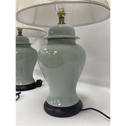 Pair of table lamps of baluster form, with a crackle glaze over an ivory ground, including shade H68cm