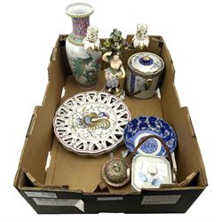 19th century figural candelabra by John Bevington, H29cm, modern Chinese vase with printed decoration, Japanese blue and white bowl, two Portuguese plates etc in one box