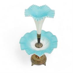 19th/ early 20th century silver-plate and satin glass epergne, having a single frilled blue satin glass trumpet vase with matching bowl beneath, on gadrooned column and base, with scroll bracket feet, H45cm