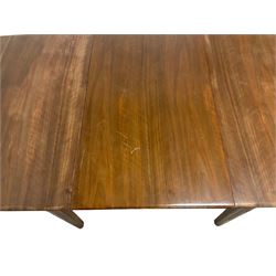 Mid-20th century teak extending dining table, rectangular top with rounded corners, raised on shaped tapering supports united by X-stretcher, with additional leaf