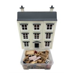 Georgian design three storey dolls house, H71cm with various pieces of furniture 