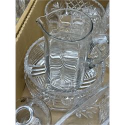 Large collection of cut glass and other glass including a heavy cut glass jug and glass set, cut with a pineapple design, liquor glasses, vases, jugs, bowls etc in three boxes