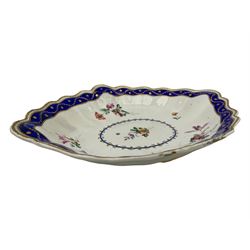 18th century Derby fluted lozenge shaped dish, in the manner of Edward Withers, painted with flower sprays within a blue and gilt leafy chain border, crown over D in blue, incised N, L26cm 