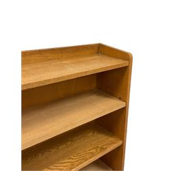 Mid-20th century military war department office light oak bookcase, fitted with fixed shelf and two adjustable shelves, stamp to back 'WD Wilkinsons (BFD) Ltd'