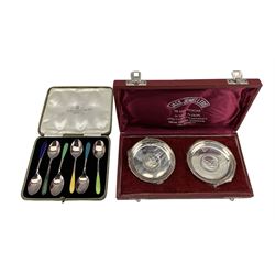 Pair of cased Indian silver dishes and a set of six silver plate and enamel harlequin teaspoons 