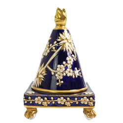 Early 19th century Spode pastille burner, of conical form, with floral gilt heightened relief decoration against a cobalt blue ground, upon a square base, supported by four ball and paw feet, pattern no. 3153, H13cm