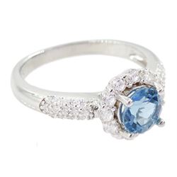 Silver blue topaz and cubic zirconia cluster ring, stamped 925