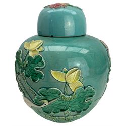 Chinese porcelain ginger jar and cover, decorated in relief with pond lilies and a crane, with Wang Bing Rong seal mark beneath, H20cm 