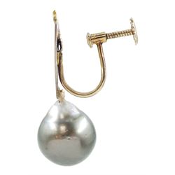 Pair of 18ct white and yellow gold cultured Tahitian pearl pendant screw back earrings, stamped 750