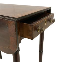 Small Regency mahogany Pembroke table, rectangular top with rounded corners and crossbanding, fitted with single drawer and opposing false drawer with bone escutcheons, raised on ring turned supports