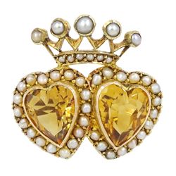 19th / early 20th century gold citrine and seed pearl double heart brooch, surmounted by a coronet, stamped 9ct