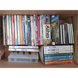 Collection of books, including Francesco's Kitchen, the Yorkshire Vet, A portrait of Britain, along with a collection of DVDs, including river cottage, pride and prejudice etc, two boxes. 