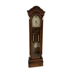 20th-century month going mahogany longcase clock - with a double arched pediment and full length glazed door with visible dummy weights and pendulum, brass dial with etched spandrels and dial centre, silvered chapter ring and steel hands, twin train going barrel movement striking the hours and half hours.