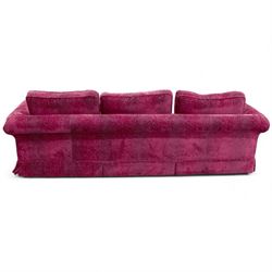 Parker & Farr - grande 8' four seat sofa, traditional shape with rolled arms, upholstered in fuchsia leopard print patterned fabric with loose seat cushions, on castors, upholstered by Dorothy Wightman Interiors