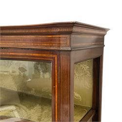 Edwardian inlaid mahogany serpentine display cabinet, projecting cornice over satinwood banding and stringing, enclosed by two glazed serpentine doors with panels to base, raised on square tapering supports with spade feet