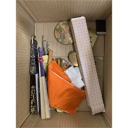 Vintage fans, ivorine shoe horns, manicure sets etc in one box