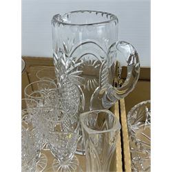 Large collection of cut glass and other glass including a heavy cut glass jug and glass set, cut with a pineapple design, liquor glasses, vases, jugs, bowls etc in three boxes