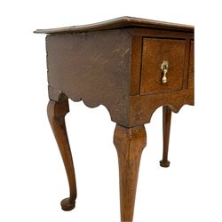 18th century oak low-boy, rectangular moulded top over three drawers with scratch mouldings, shaped apron, on cabriole supports