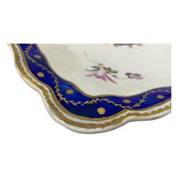 18th century Derby fluted lozenge shaped dish, in the manner of Edward Withers, painted with flower sprays within a blue and gilt leafy chain border, crown over D in blue, incised N, L26cm 