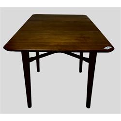 Mid-20th century teak extending dining table, rectangular top with rounded corners, raised on shaped tapering supports united by X-stretcher, with additional leaf