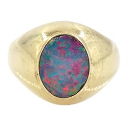 9ct gold single stone opal doublet ring, stamped