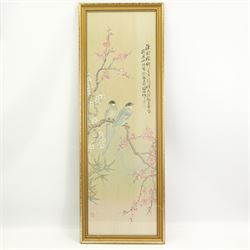 Turkish Baglama, framed Chinese print depicting a two birds perched on a blossoming branch, together with two Chinese embroidered (4)